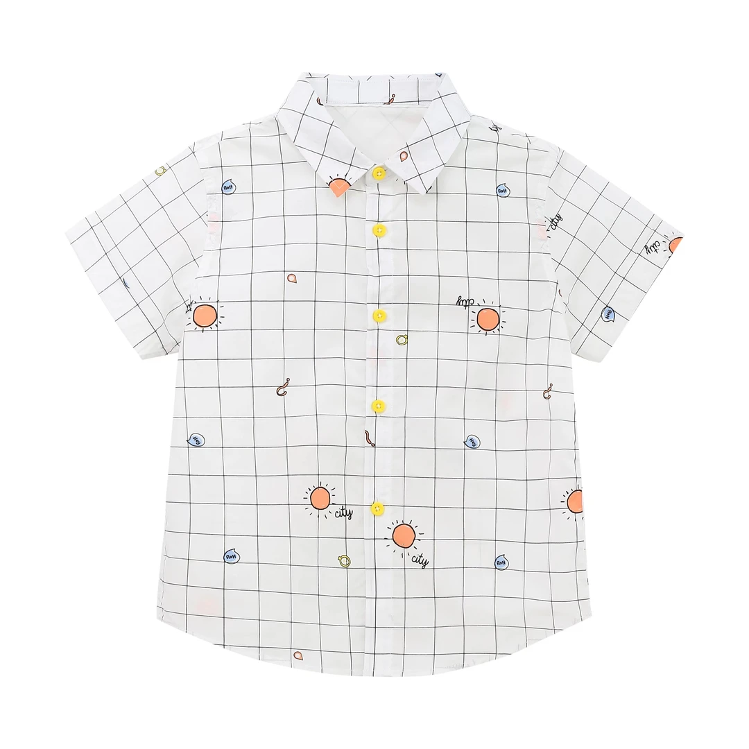 C3 男童休闲短袖白色印花格子衬衫  0C305