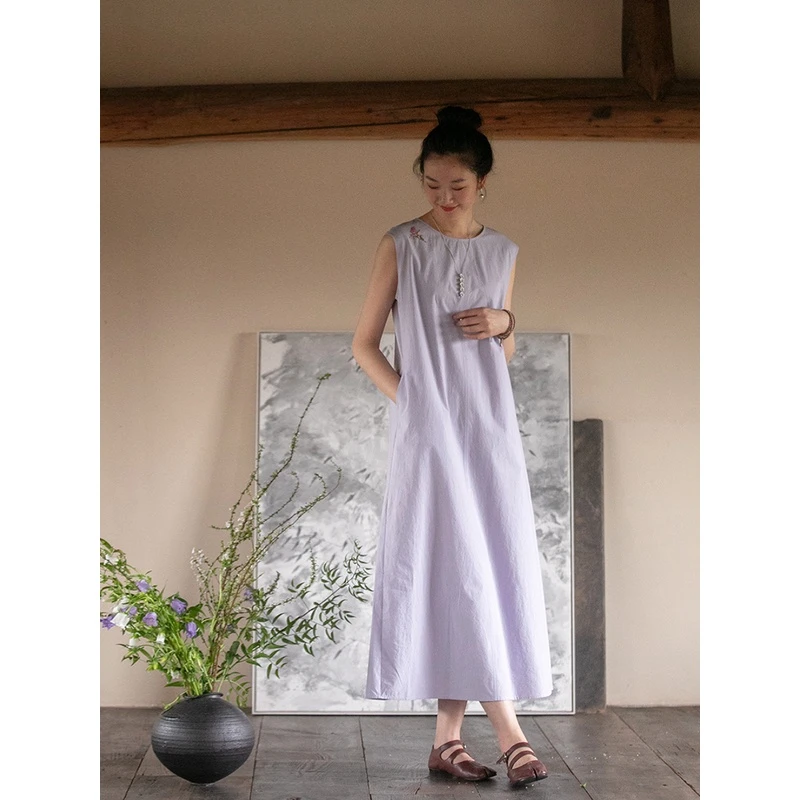 牧衣游原创 手工刺绣无袖连衣裙棉简约宽松百搭背心长裙 小紫荆