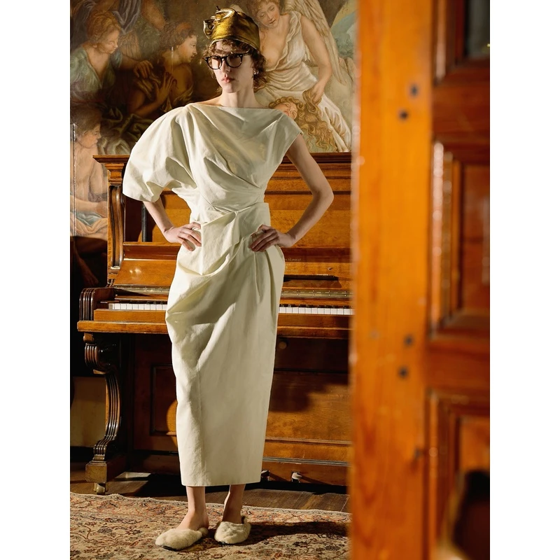 WINGFREE春季新款米白色全棉不对称立体裁剪雕塑感连衣裙