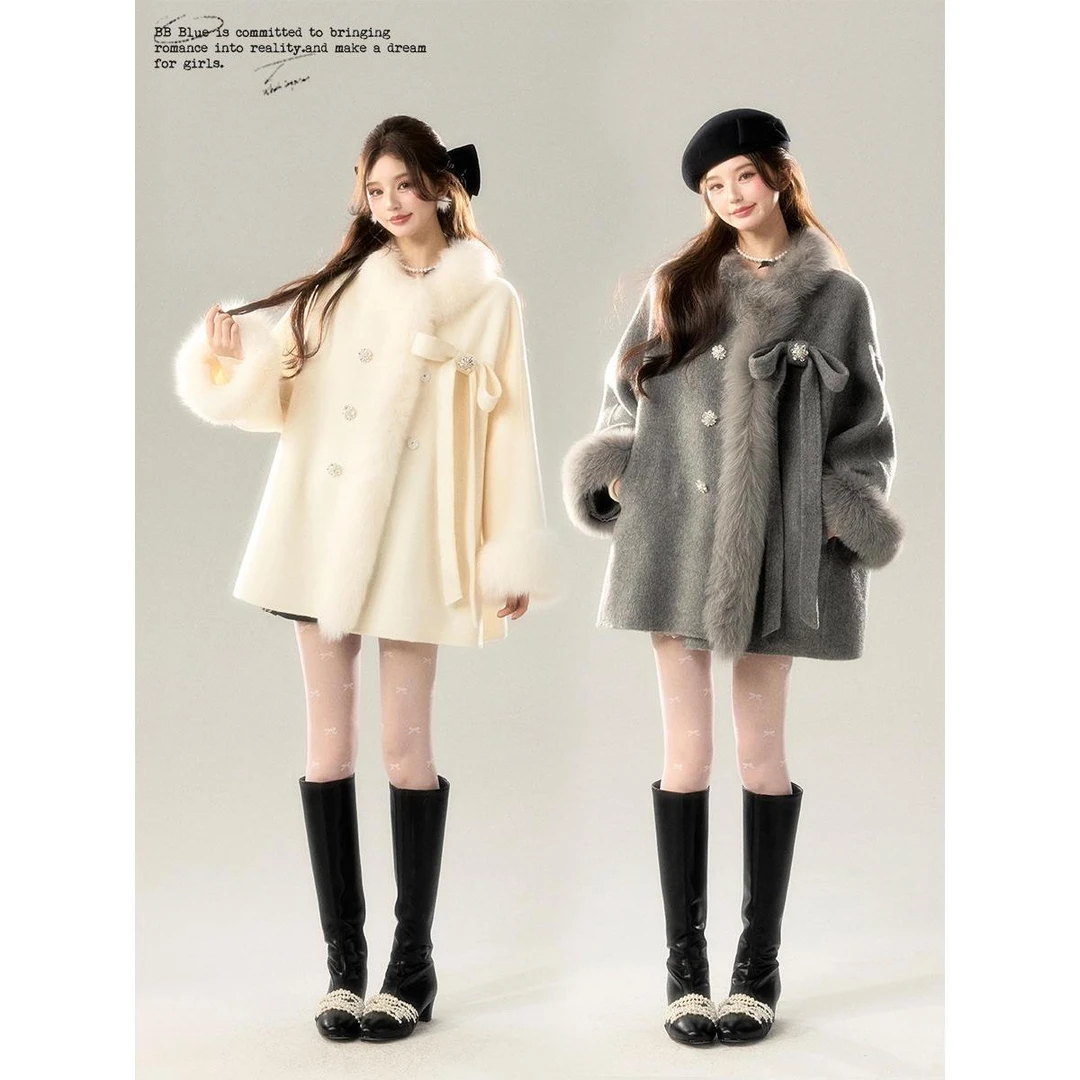 【雪国千金】2024冬季新款环保仿狐狸毛白色灰色毛呢短款保暖外套女