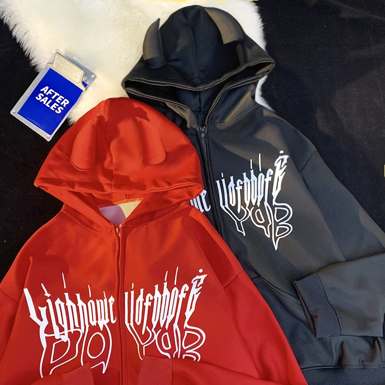 BOO原创高街百搭恶魔连帽卫衣ins情侣甜酷风印花带角尾巴拉链外套