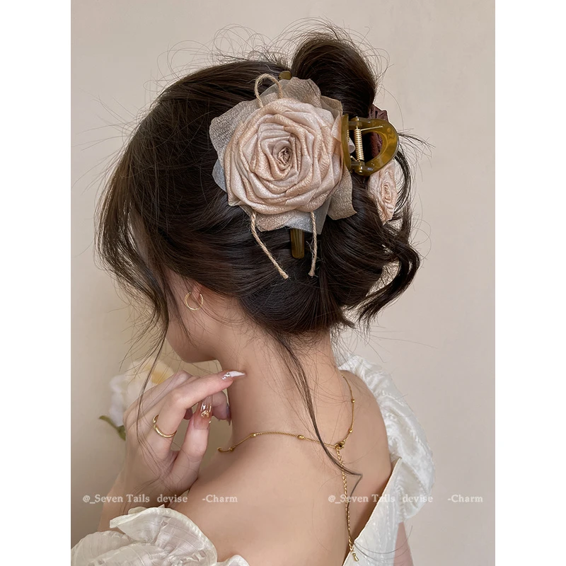 干枯玫瑰抓夹~花朵2024新款发夹女后脑勺鲨鱼夹新中式高级感发饰