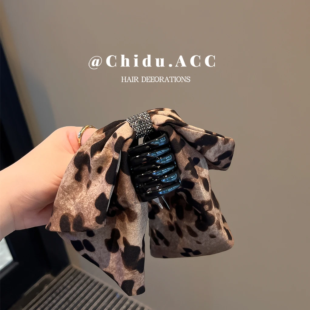 复古豹纹马尾夹飘带蝴蝶结带钻发夹女秋冬新款后脑勺盘发抓夹发饰