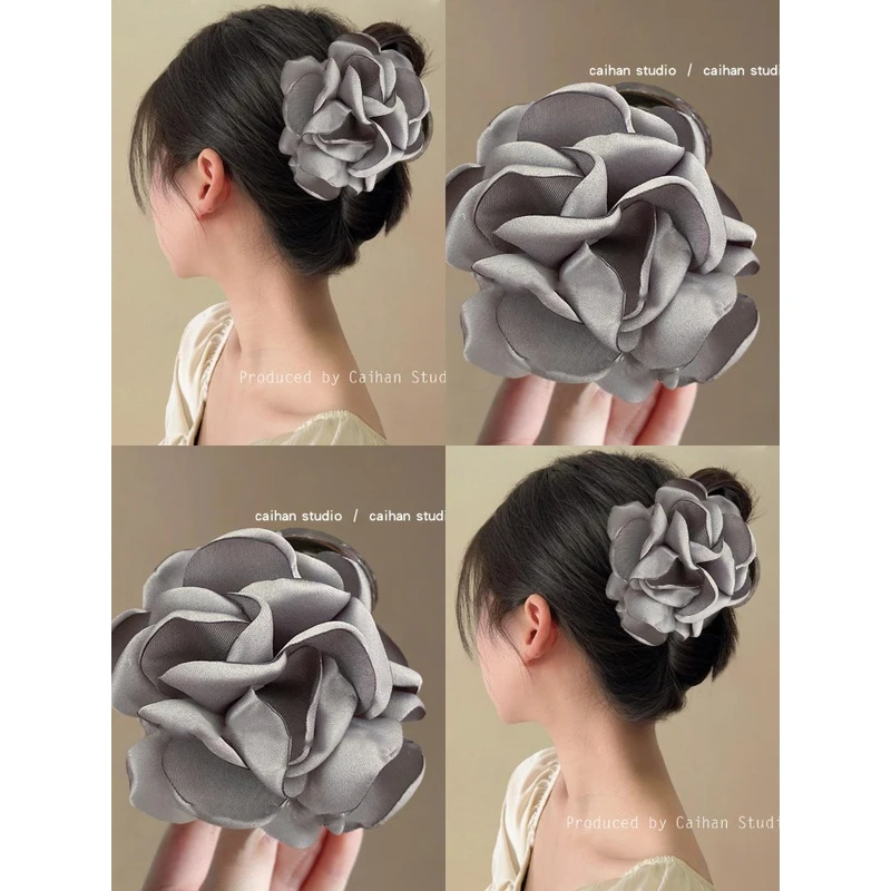 灰蔷薇玫瑰~大号花朵抓夹新中式仿真玫瑰抓夹2024新款高级感发夹