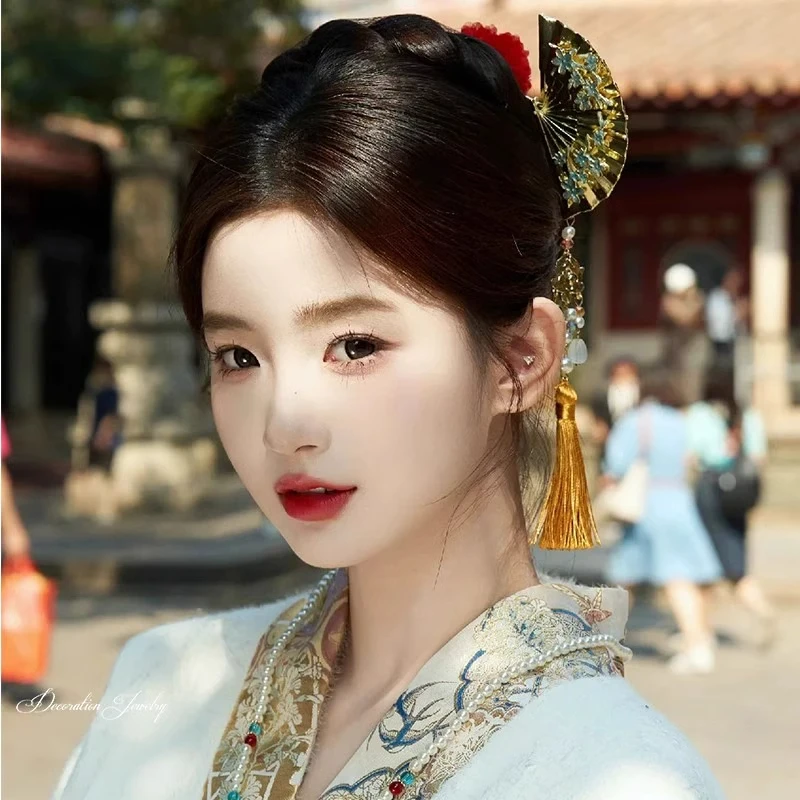 新中式金属扇子流苏发簪发钗马面裙旗袍配饰2024年新簪子发饰国风