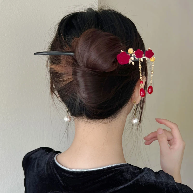 古风复古玫瑰发簪女夏季后脑勺盘发簪子精致流苏汉服旗袍气质头饰