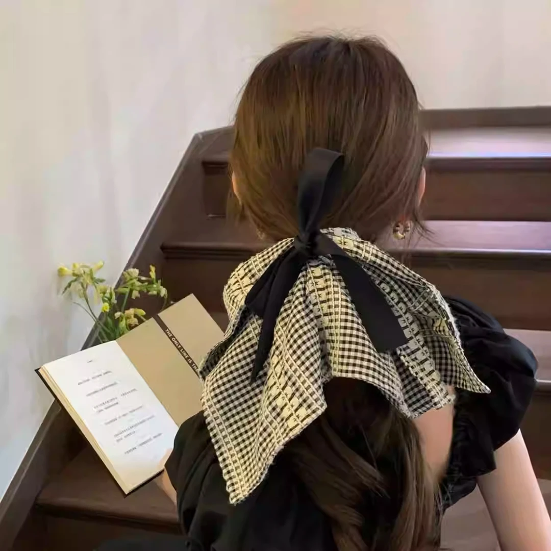 大蝴蝶结格纹方巾发圈大肠圈女韩系方形低马尾发绳头绳扎头发皮筋