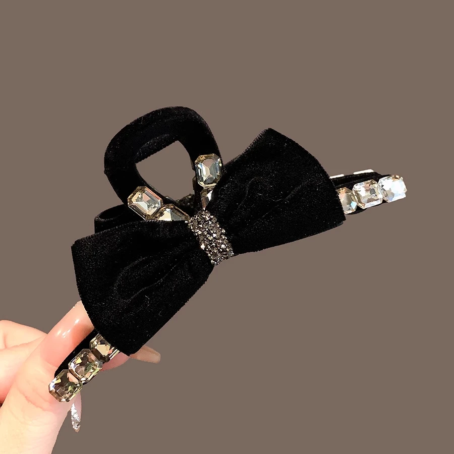 韩国洋气水钻丝绒蝴蝶结抓夹女气质后脑勺盘发夹精致鲨鱼夹子发抓