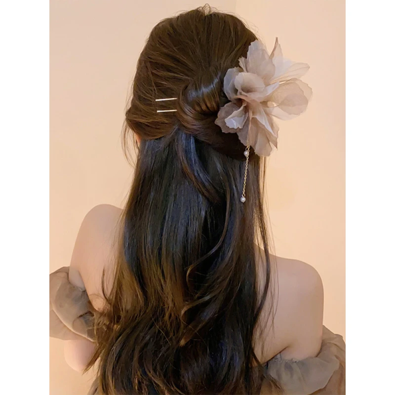 好像枯叶蝶~超仙复古雪纺花朵珍珠流苏U形发簪子气质新中式盘发钗