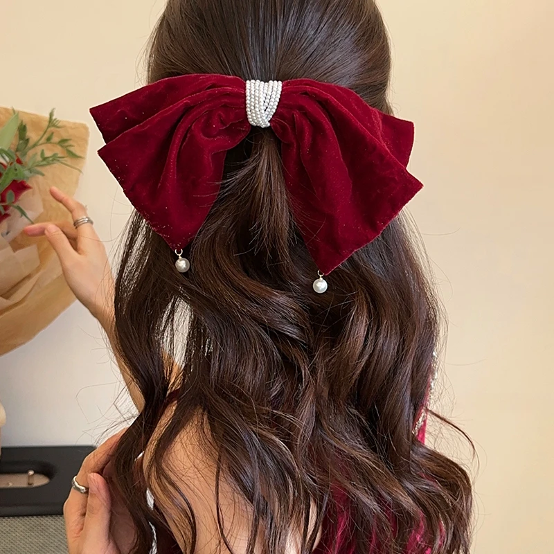 红色丝绒蝴蝶结珍珠发夹头饰后脑勺公主风气质发卡高级感顶夹发夹