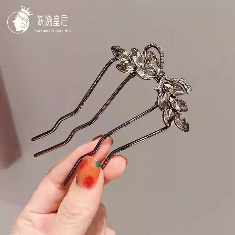 枪黑气质水钻麦穗蝴蝶结发梳优雅百搭盘发神器插发插梳簪子发钗女