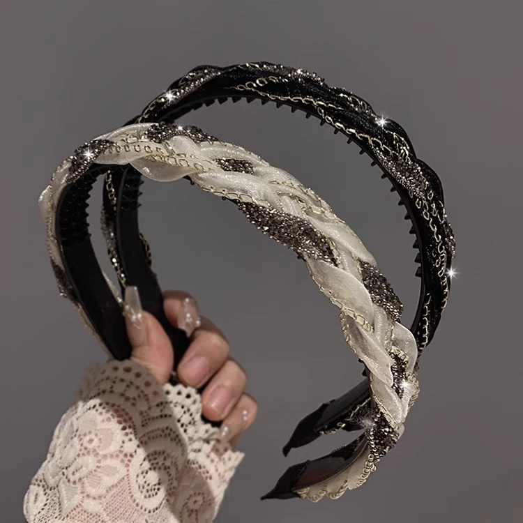 高级感发卡发箍女夏季复古欧根纱水钻麻花辫头箍外出白百搭发梱