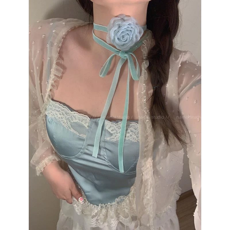 非金属布艺项链 系带山茶花超仙花朵锁骨链2024年春季新款颈链