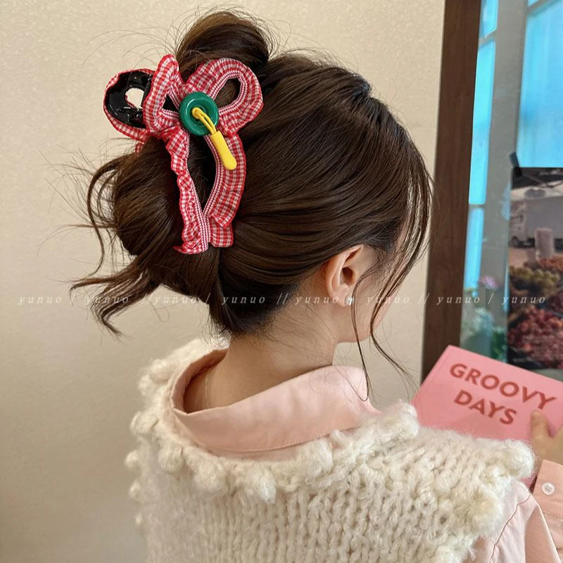 清新格子~早秋蝴蝶结抓夹大号发量多鲨鱼夹2024新款发夹女后脑勺