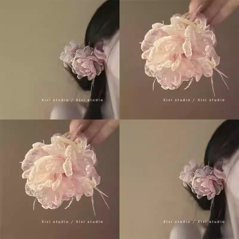 花的情书！羽毛花朵抓夹！小众设计鲨鱼夹百搭发饰盘发器甜美发夹