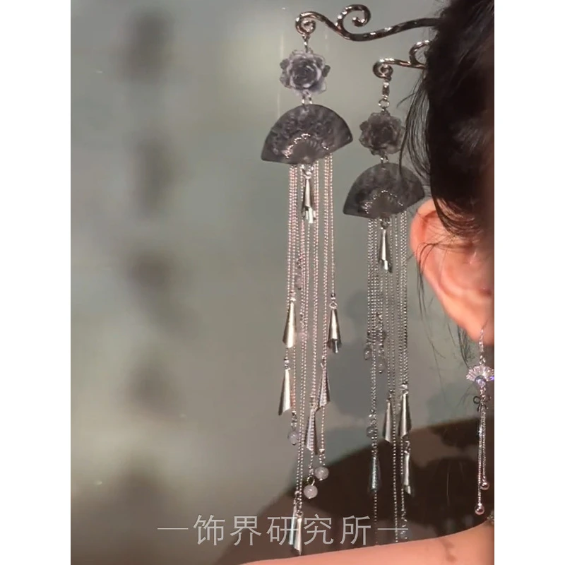 玫瑰扇子流苏发簪新中式高级感发钗国风清冷感步摇新款盘发头饰女