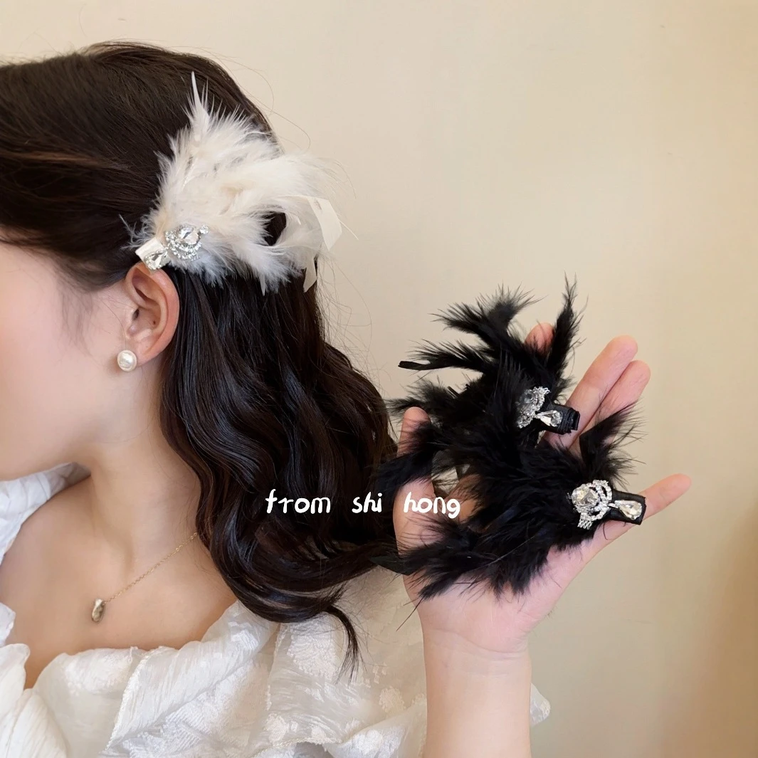 超仙白色天鹅妆羽毛发夹女后脑勺新款发卡大号侧边夹拍照头饰发饰