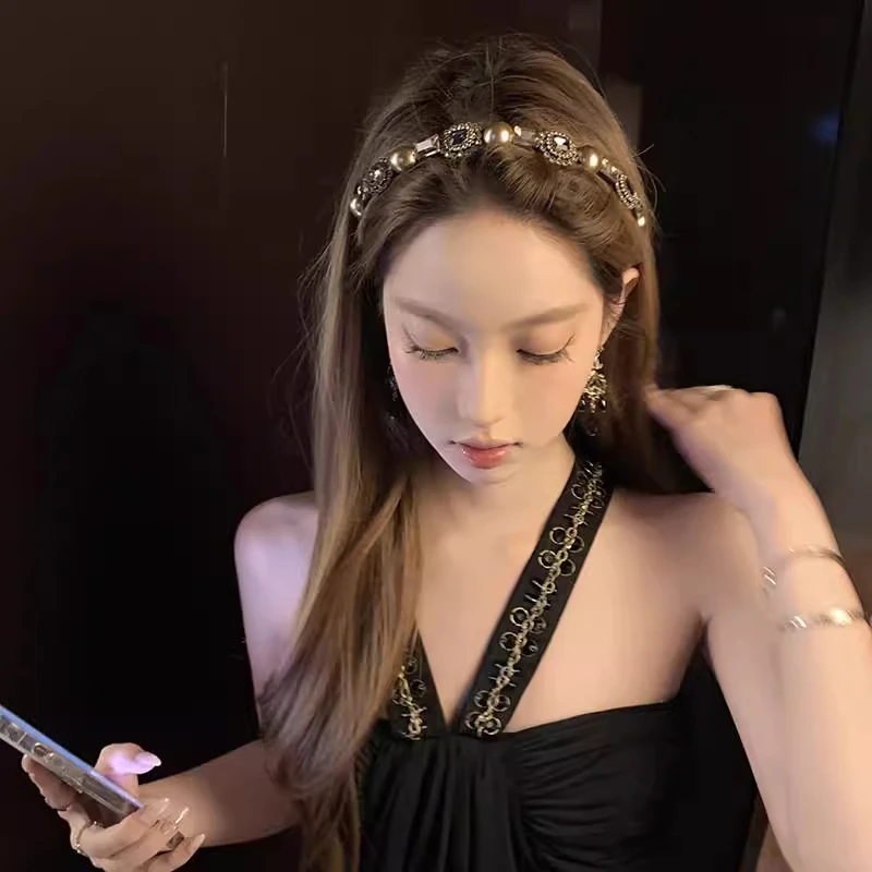 镶钻网红同款发卡水钻珍珠蝴蝶发箍复古奢华高端气质防滑压发发饰