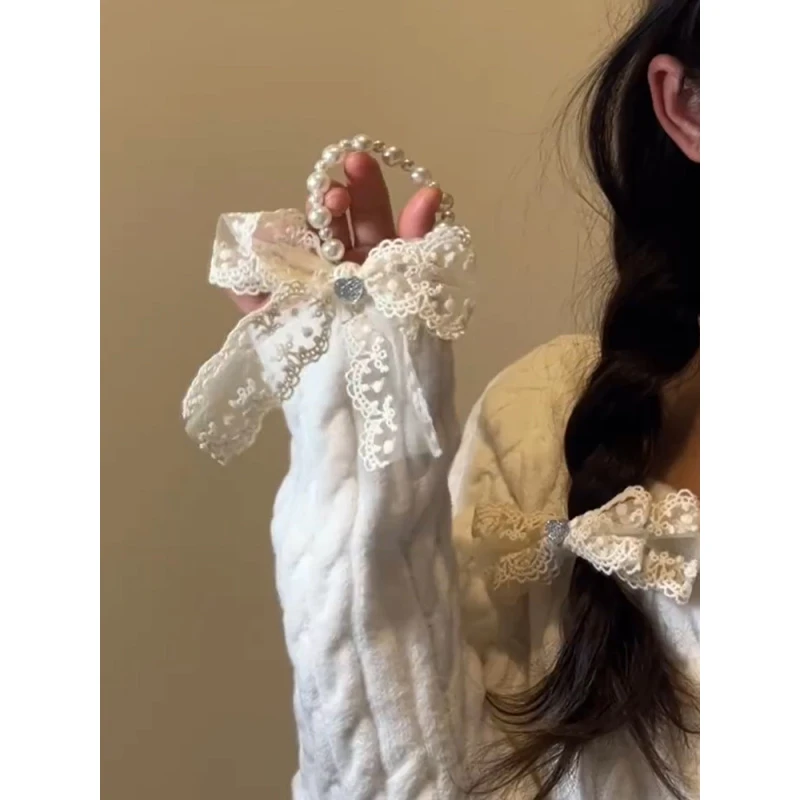 法式蕾丝蝴蝶结珍珠发圈小众设计少女芭蕾风发夹甜美简约百搭发饰