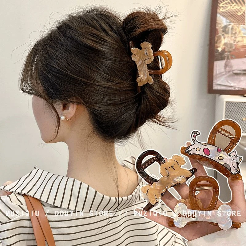 趣味AB面小狗小猫鲨鱼夹后脑勺盘发气质可爱甜美简约搭发饰新款