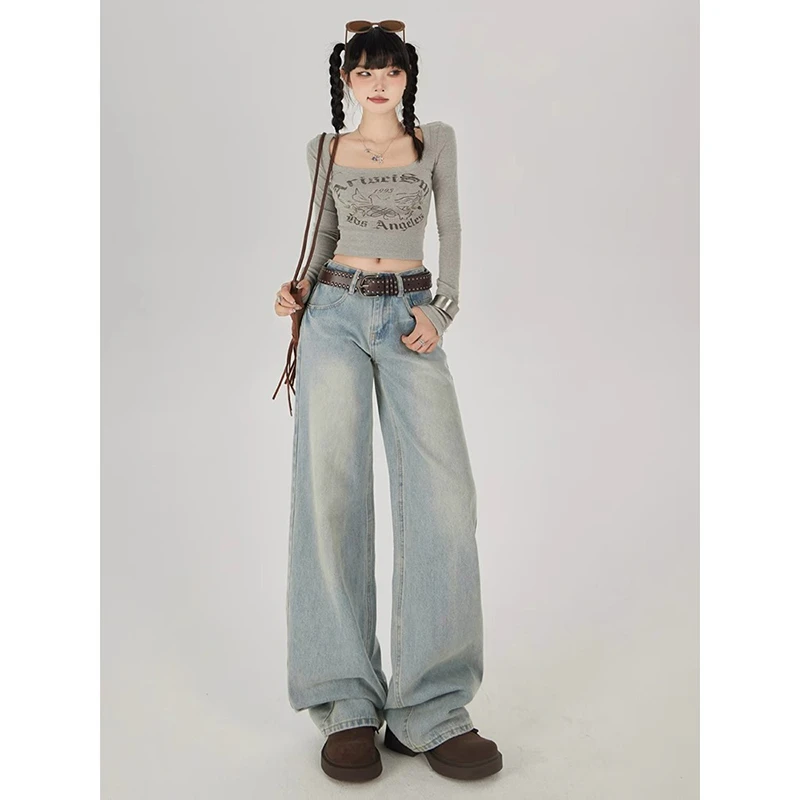NORNLGGER 高腰直筒牛仔裤女秋季2025新款浅蓝色裂纹显瘦宽松裤子