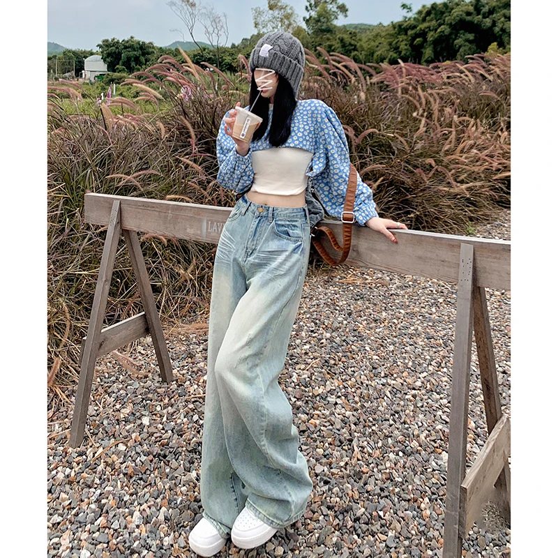 NORNLGGER 美式水洗宽松阔腿直筒牛仔裤女新款浅色垂感拖地裤子