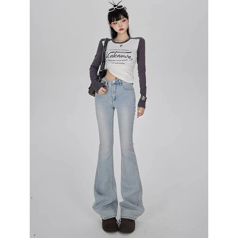 NORNLGGER/弄格浅蓝色微喇叭牛仔裤女赵露思同款小个子喇叭裤