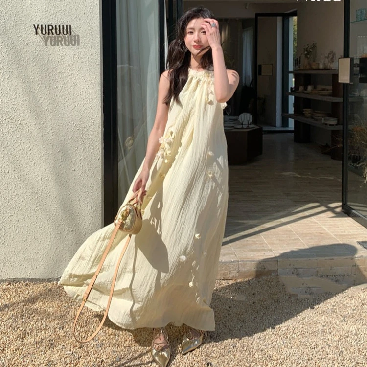 XINGMU 法式立体花朵挂脖连衣裙女夏季初恋气质A字裙宽松连衣裙