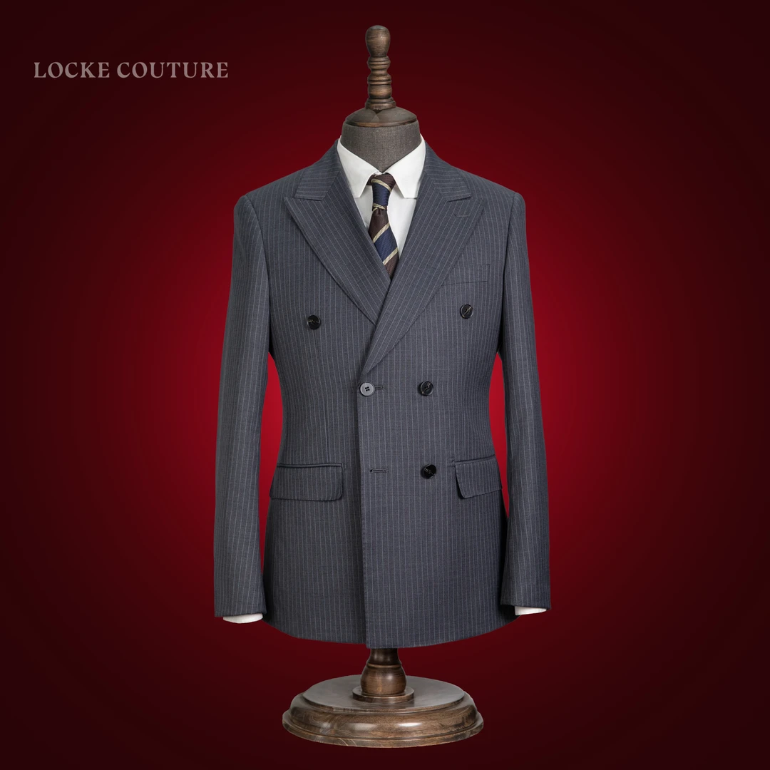 男士双排扣灰色条纹商务时尚英伦风修身西装新郎结婚婚礼西服套装