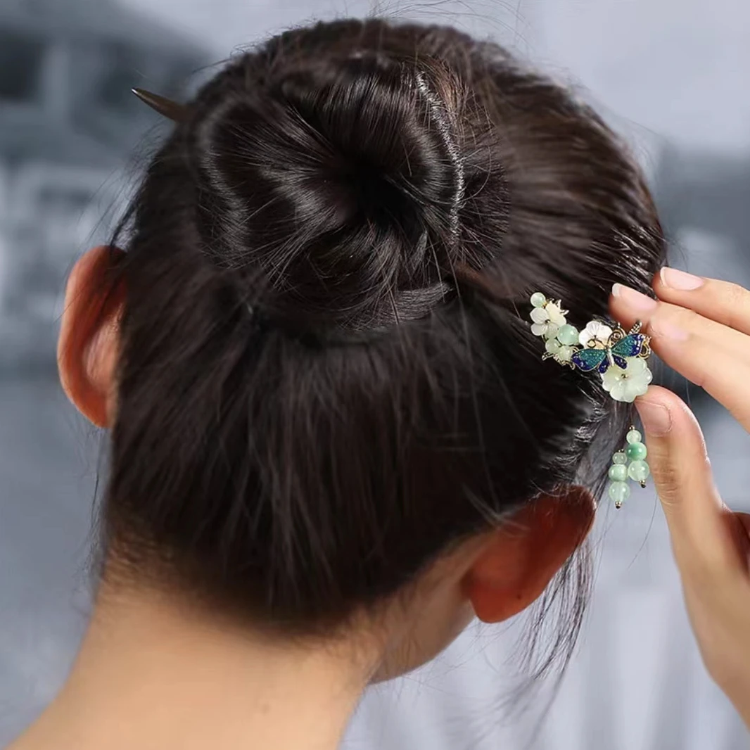 【芳华】国风高定手工木质烧蓝工艺蝴蝶仙气高级步摇发簪简约百搭