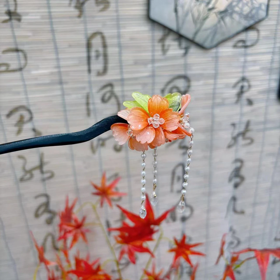 【海棠花开】高定手工木质步摇流苏发簪盘发古风旗袍新中式木a153