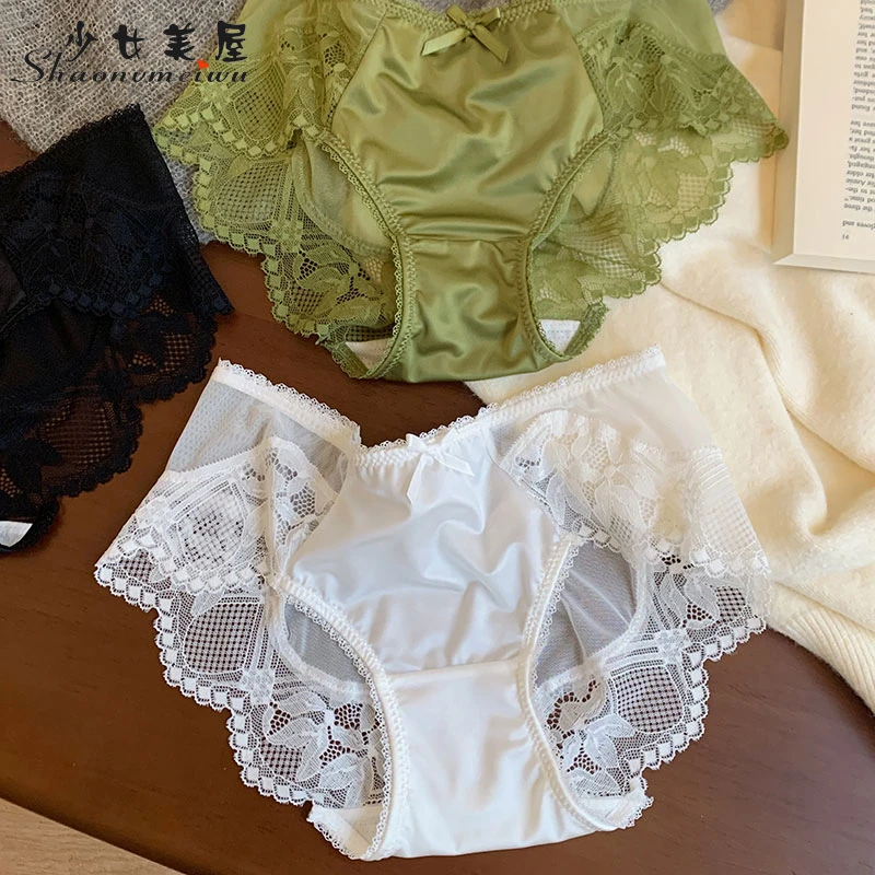 少女美屋秋冬复古缎面蕾丝内裤女性感中腰包臀7A抗菌棉裆三角裤头