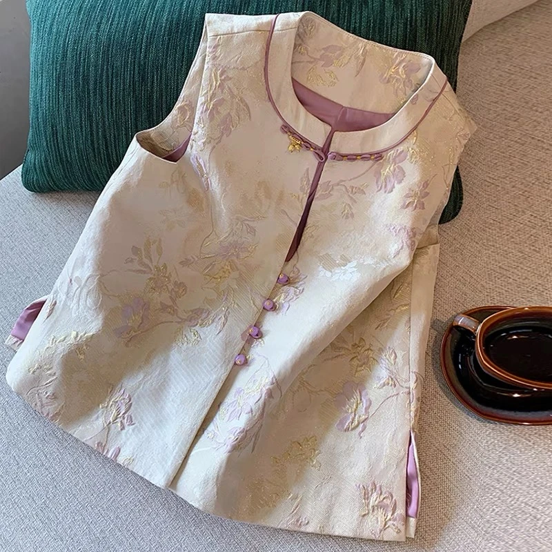 【紫嫣】新中式秋款提花宋锦时尚气质复古盘扣显瘦洋气马甲百搭