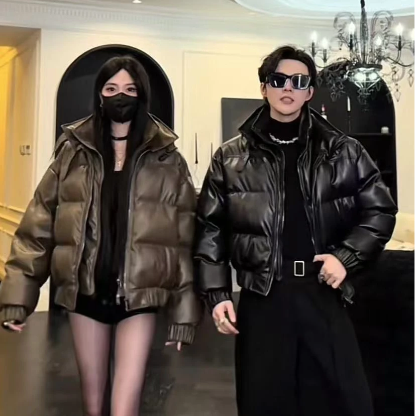 龙刀刀冬季新品高级感设计款假两件立领棉服夹克潮流百搭皮质棉衣