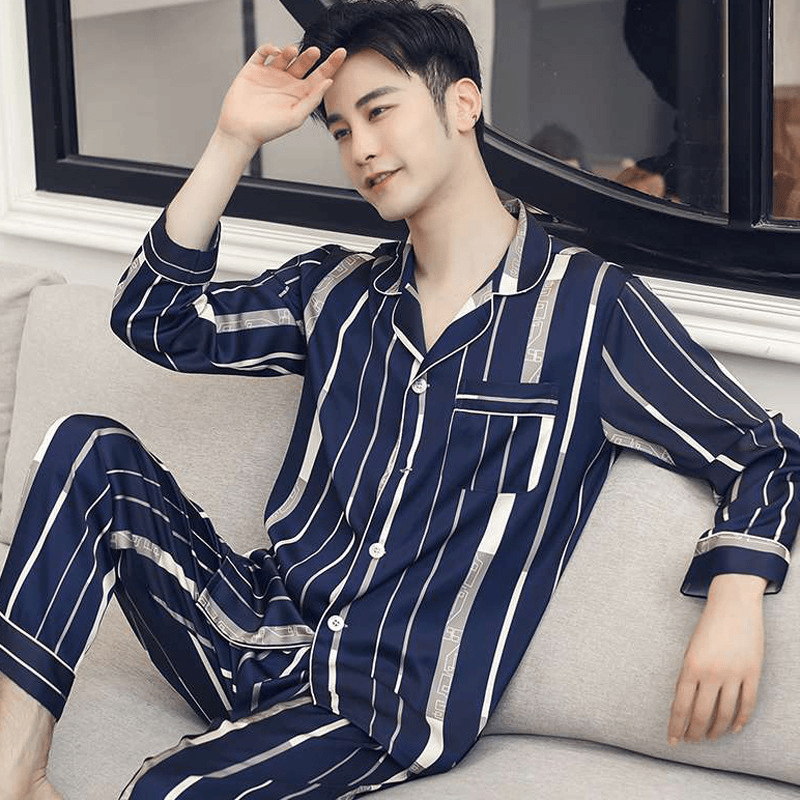 睡衣男春秋季冰丝薄款长袖丝质缎面长裤家居服可外穿裸色大码套装