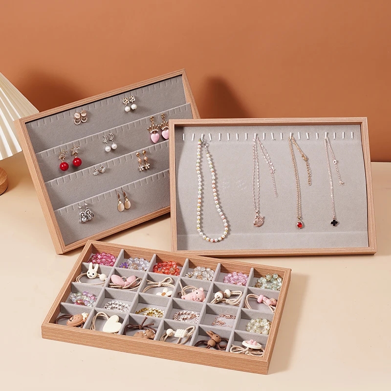 首饰盒/箱 木质欧式珠宝首饰盘文玩格子带锁戒指项链饰品展示盘