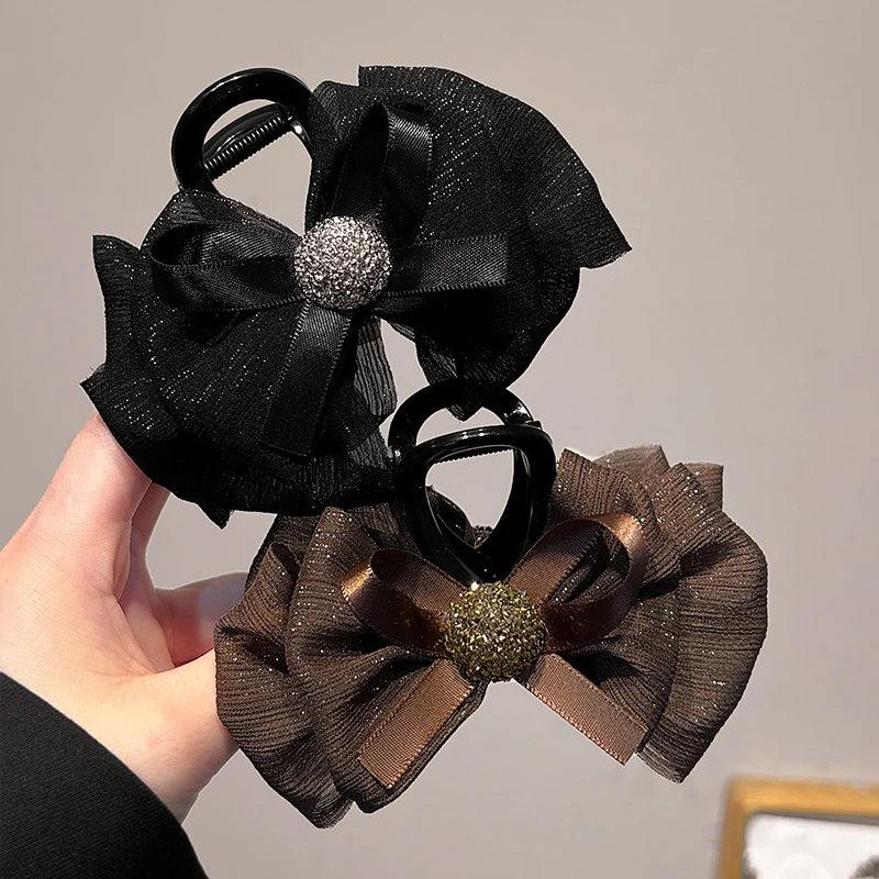 高级感网纱水钻蝴蝶结发夹女后脑勺抓夹中号发卡气质鲨鱼夹子头饰