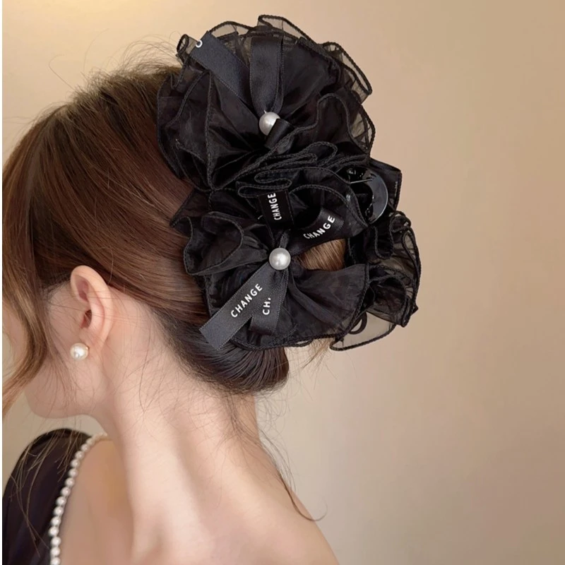 非金属发饰 小香风泡泡纱发夹女后脑勺气质优雅抓夹大号蓬松发饰