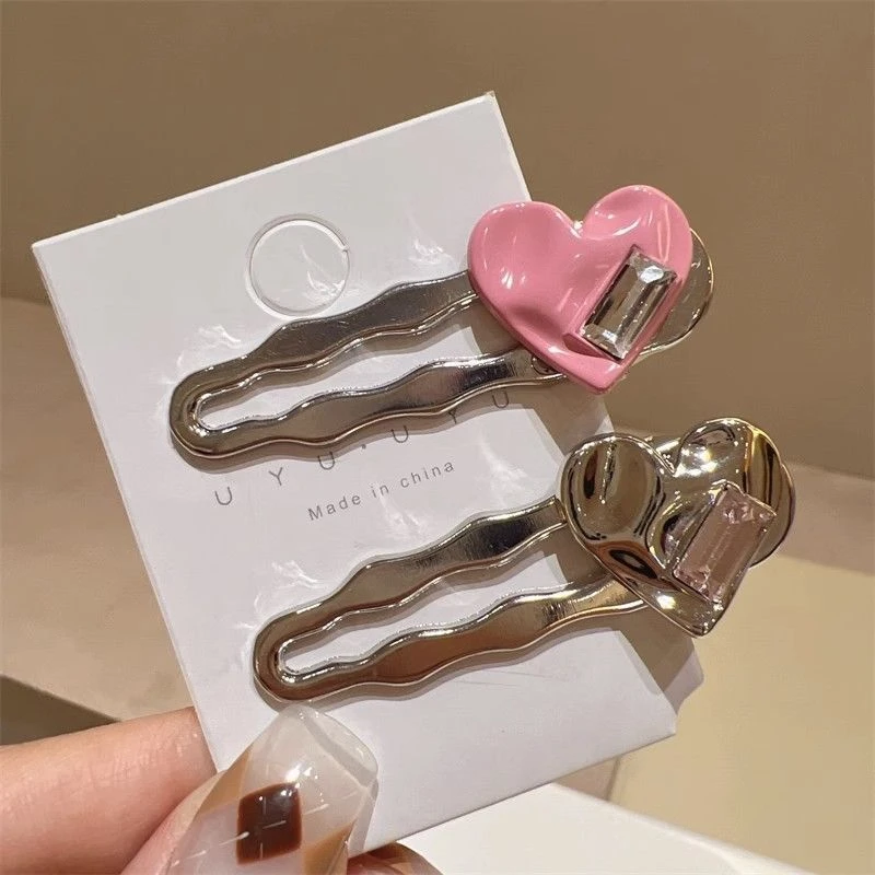 合金发饰 甜酷少女风爱心水钻鸭嘴夹亮银色甜美波浪边夹合金发夹