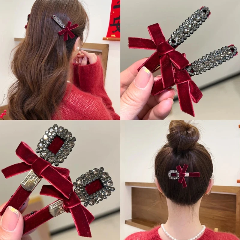 高级感轻奢新年红色丝绒蝴蝶结水钻鸭嘴夹甜美气质发夹刘海侧边夹