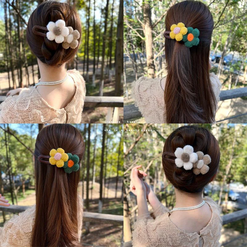 冬季毛绒花朵鸭嘴鲨鱼夹发卡大号一字发夹女后脑勺盘发抓夹子头饰