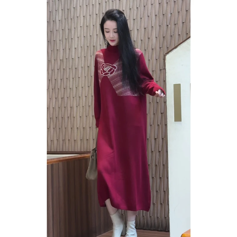 9026#半高领时尚印花连衣裙女秋冬季新款毛衣裙套头百搭打底衫