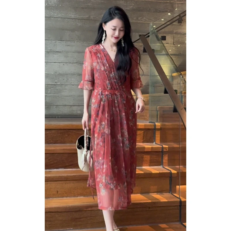 7183#高档气质显瘦连衣裙2025夏季新款时尚宽松妈妈减龄碎花裙子