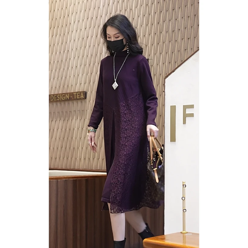 7287#冬季连衣裙女加厚蕾丝内搭配大衣裙子秋冬气质针织打底裙