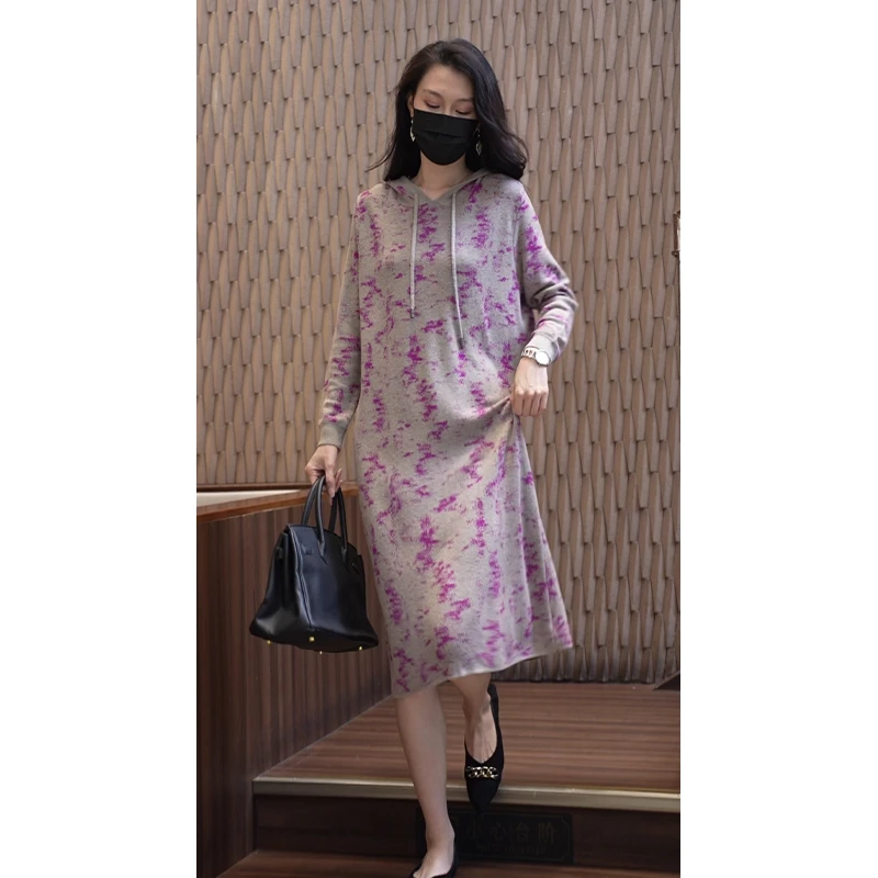 6107#高端大码气质印花针织连衣裙秋冬女长袖内搭打底连帽卫衣裙