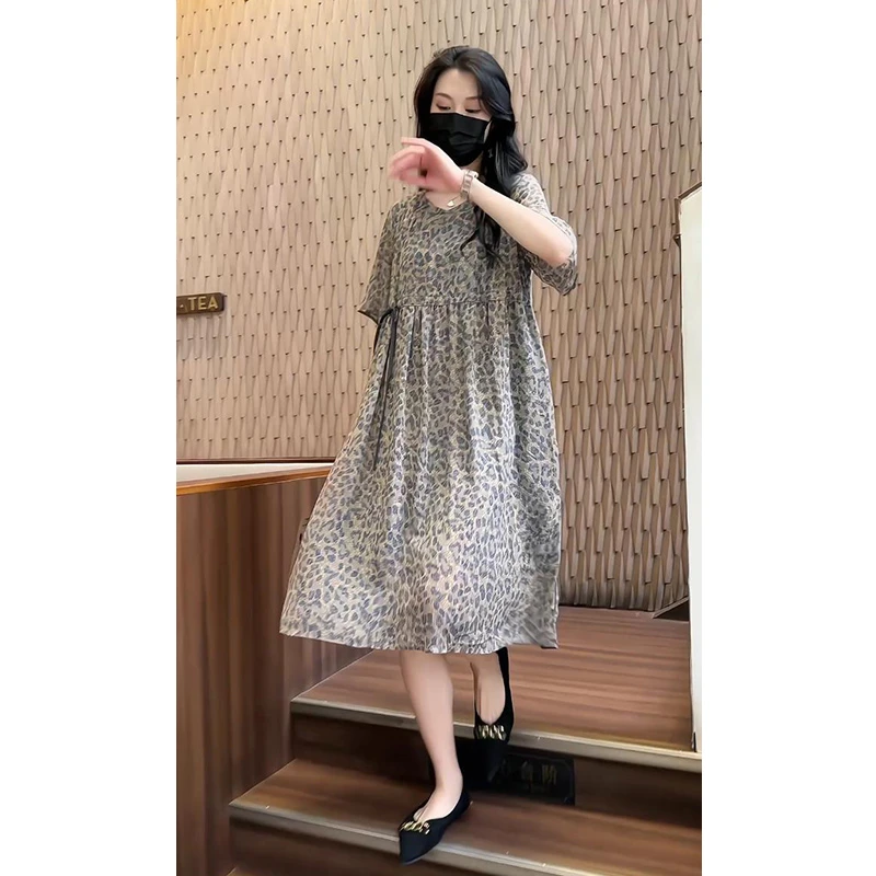 712#新款时尚v领印花修身显瘦洋气复古轻奢拼接花色连衣裙