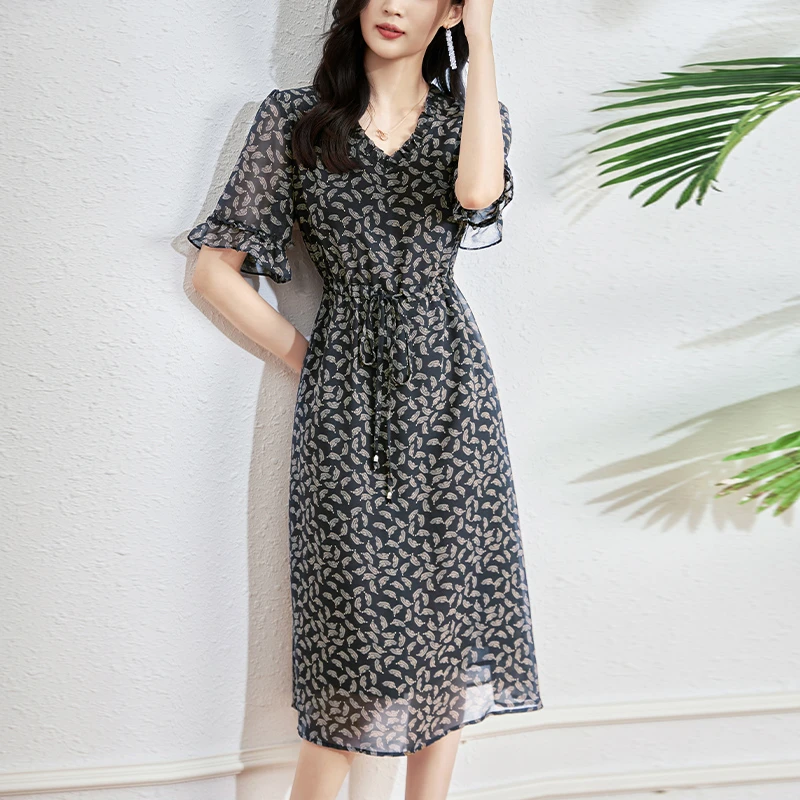 3122#高级感宽松显瘦法式v领气质乔其纱碎花连衣裙子夏季时尚裙子