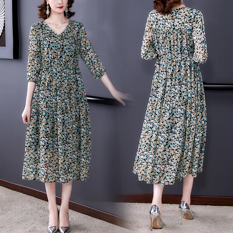 1070#夏季新款 时髦V领减龄宽松显瘦收腰中长款芙蓉花连衣裙