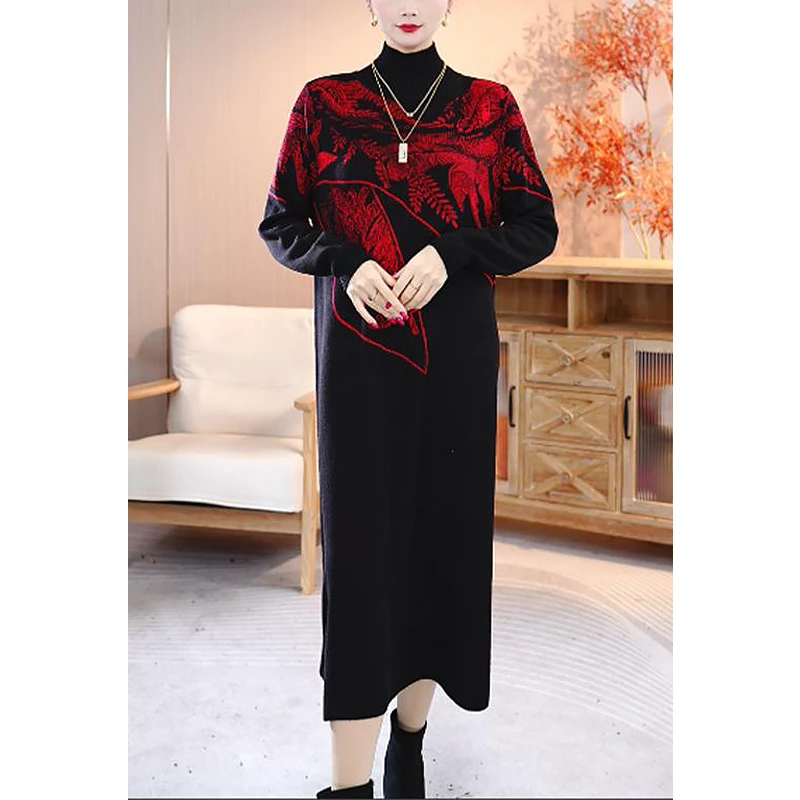 2615#时尚宽松冬季保暖妈妈装秋冬百搭显瘦气质女毛衣针织连衣裙