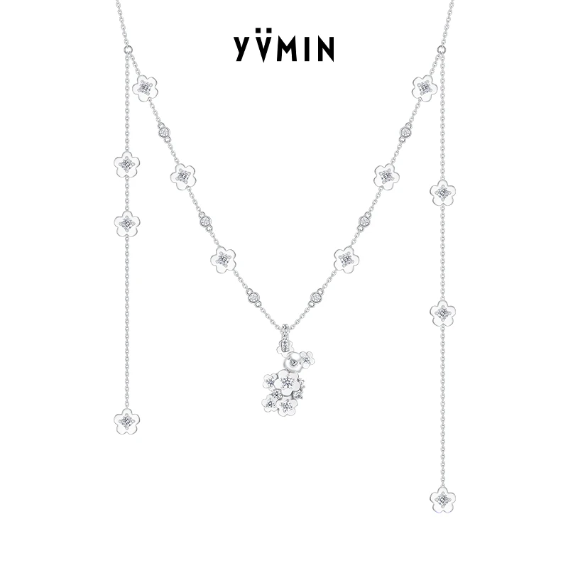 YVMIN/尤目 链子925银合成锆石 花朵mini迷你小熊项链